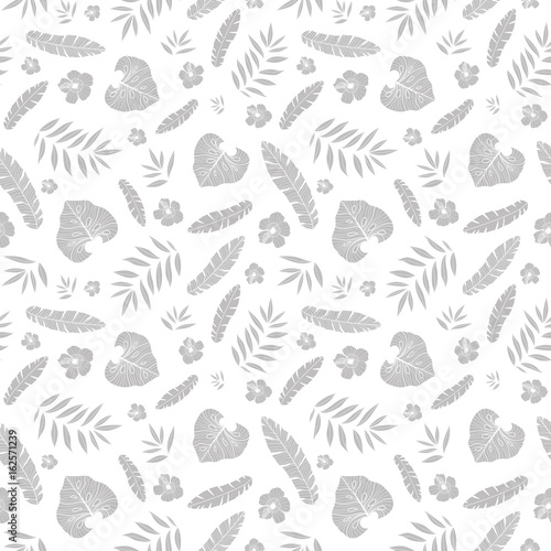 Vector silver grey tropical summer hawaiian seamless pattern with tropical pl...