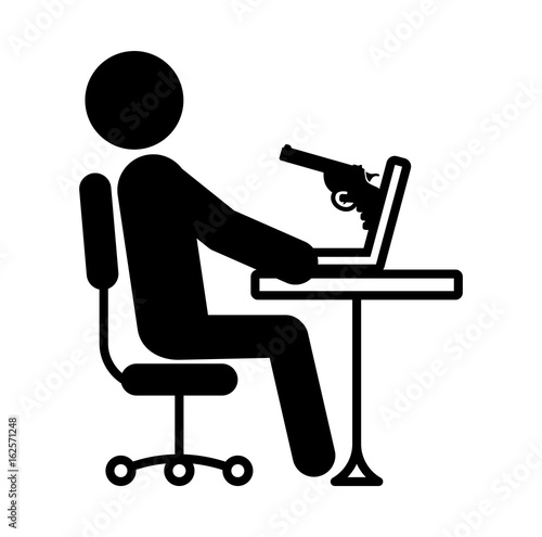 Threat from computer internet hackers web robbery A gun aimed at you The newest ultra-dangerous Petya malware Wannacry virus . Cybercrime and cyber security icon. Vector logo isolated on white