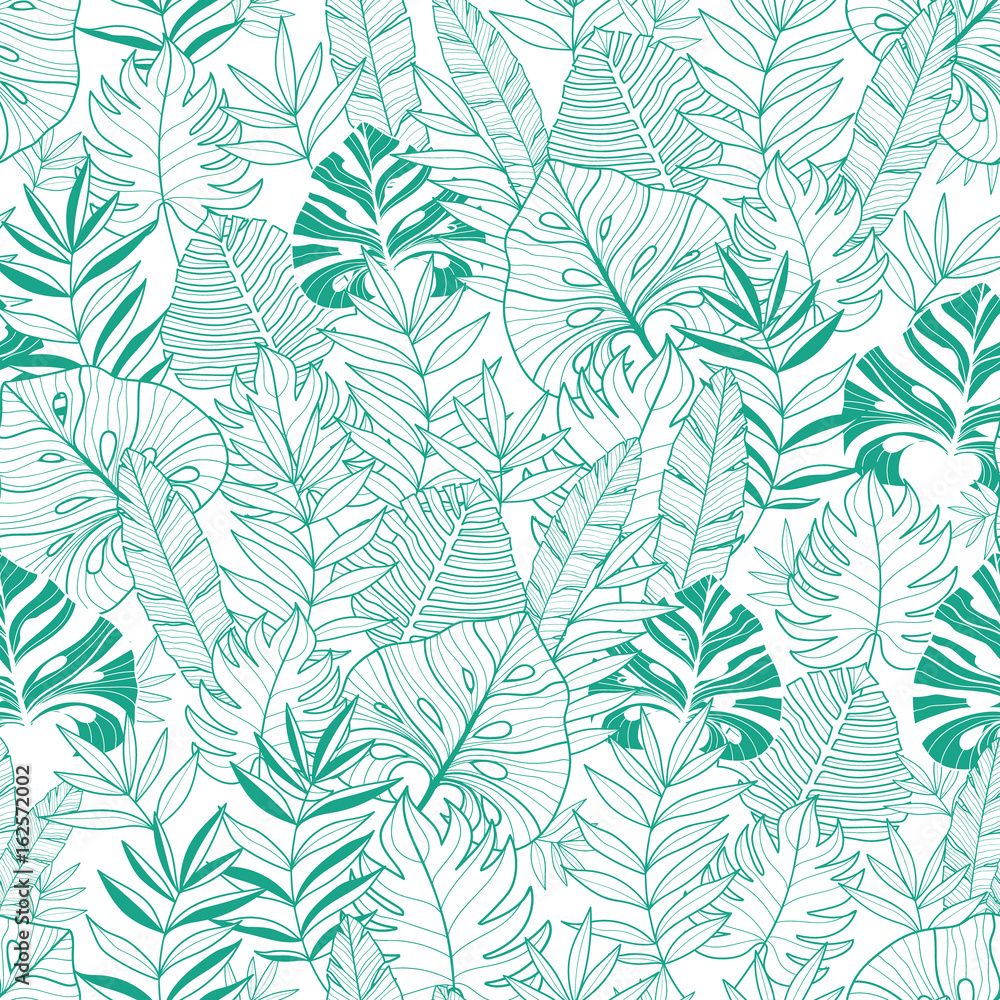 Vector green tropical leaves summer hawaiian seamless pattern with tropical green plants and leaves on navy blue background. Great for vacation themed fabric, wallpaper, packaging.