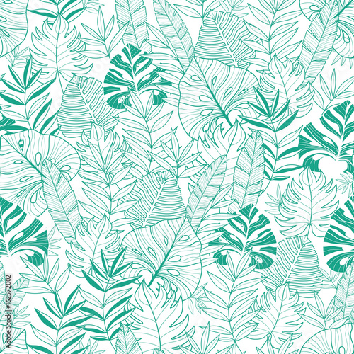 Vector green tropical leaves summer hawaiian seamless pattern with tropical green plants and leaves on navy blue background. Great for vacation themed fabric, wallpaper, packaging.