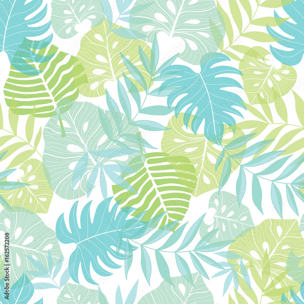 Vector light tropical leaves summer hawaiian seamless pattern with tropical green plants and leaves on navy blue background. Great for vacation themed fabric, wallpaper, packaging.