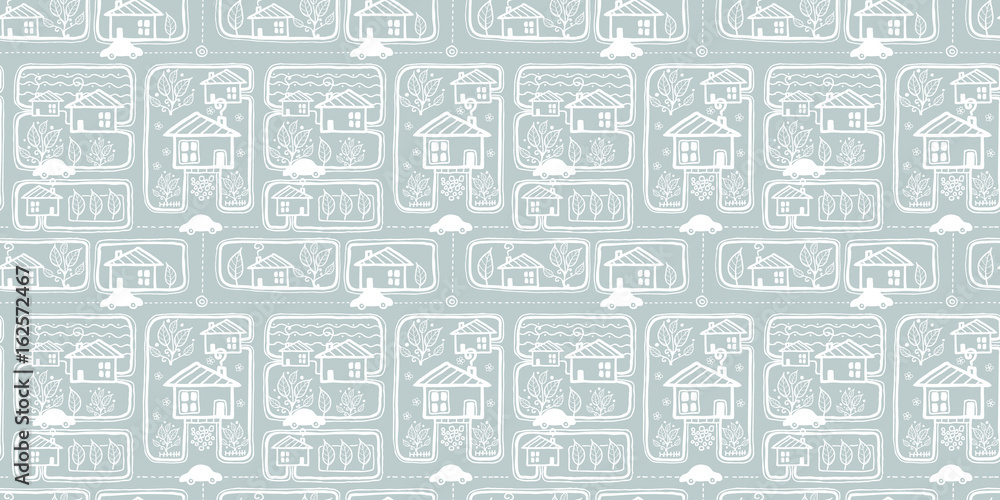 Vector silver grey doodle town streets seamless texture repeat pattern bacgkround design. Great for springtime greeting cards, invitations, moving announcements, fabric, wallpaper, wrapping projects.