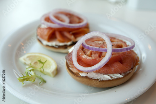 Bagel and Cream Cheese with Salmon Tomato and Red Onion