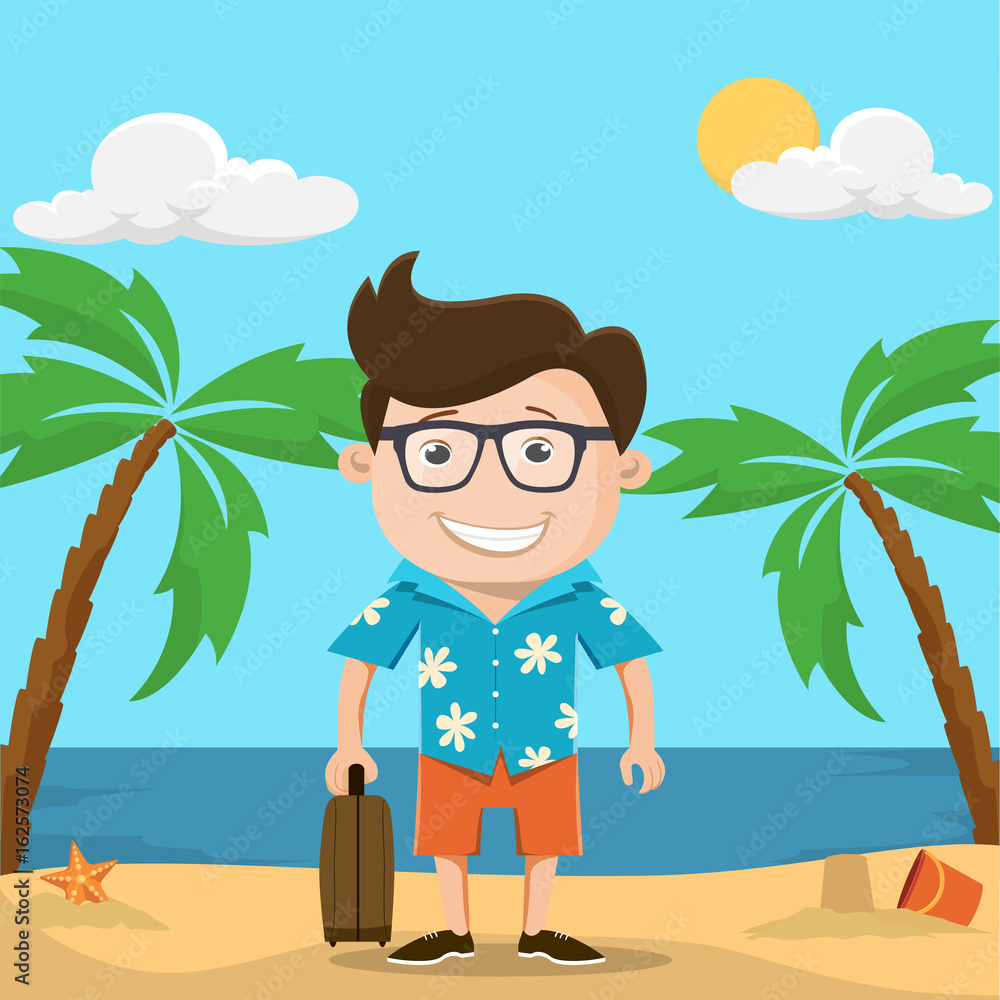 Hello summer , A happy man with glasses standing holding a suitcase, is located on the beach. He came to relax after working so hard.Vector summer illustration 