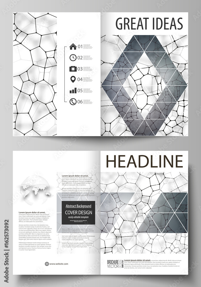 Fototapeta premium Business templates for bi fold brochure, flyer. Cover design template, vector layout in A4 size. Chemistry pattern, molecular texture, polygonal molecule structure, cell. Medicine microbiology concept