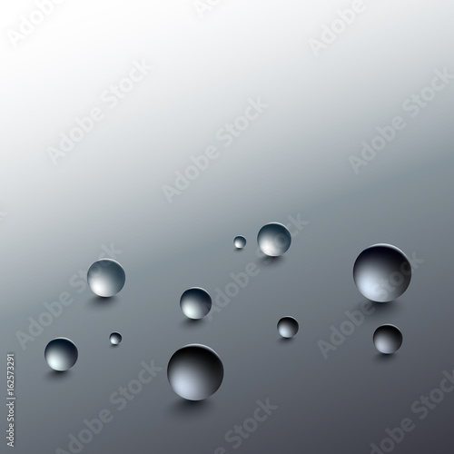 Water drops on a gray background. Round raindrops with shadows, inclined surface. Vector illustration.