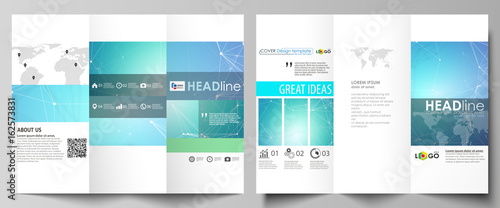 Tri-fold brochure business templates on both sides. Abstract vector layout in flat design. Chemistry pattern, connecting lines and dots, molecule structure, medical DNA research. Medicine concept.