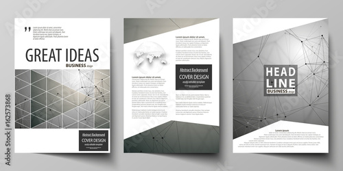 Business templates for brochure, magazine, flyer, booklet. Cover design template, flat layout in A4 size. Chemistry pattern, molecule structure on gray background. Science and technology concept.