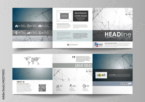 Set of business templates for tri fold square design brochures. Leaflet cover, abstract vector layout. DNA and neurons molecule structure. Medicine, science, technology concept. Scalable graphic.