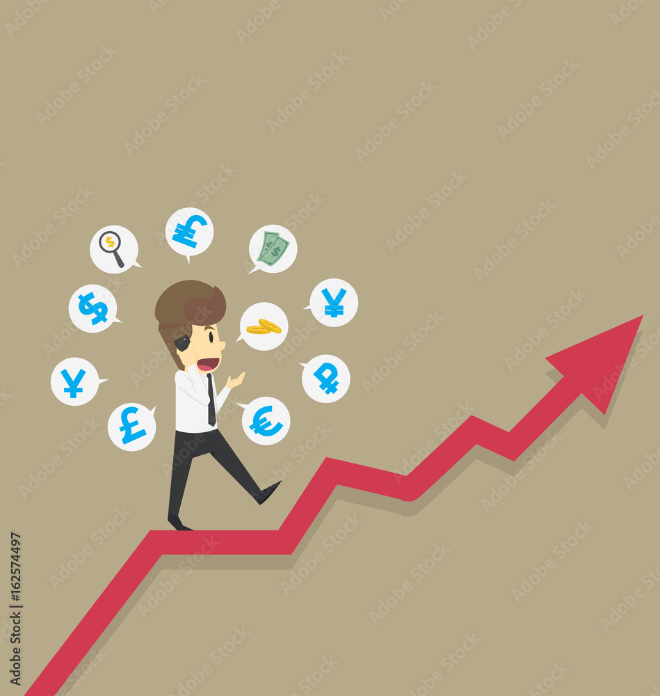 Obraz premium Businessman walks on graphs, income growth investment currency symbol.,Business cartoon concept character.Vector Illustration