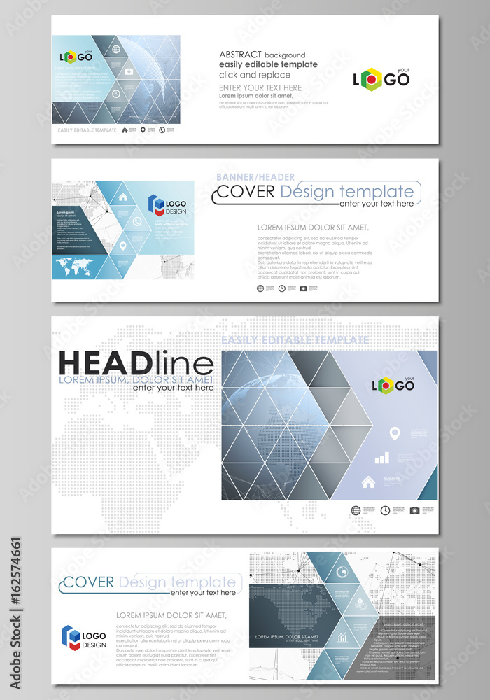 The minimalistic vector illustration of the editable layout of social media, email headers, banner design templates in popular formats. World globe on blue. Global network connections, lines and dots.