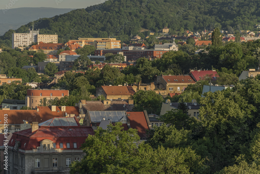 Sunrise in Usti nad Labem city with bridge and buildings