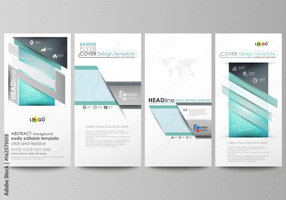 The minimalistic abstract vector illustration of the editable layout of four modern vertical banners, flyers design business templates. Futuristic high tech background, dig data technology concept.