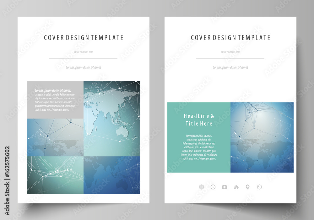 The vector illustration of the editable layout of A4 format covers design templates for brochure, magazine, flyer, booklet, report. Chemistry pattern, connecting lines and dots. Medical concept.