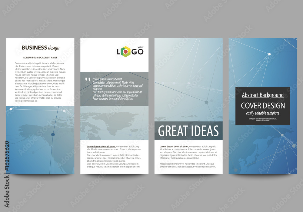 The minimalistic abstract vector illustration of the editable layout of four modern vertical banners, flyers design business templates. Chemistry pattern, connecting lines and dots. Medical concept.