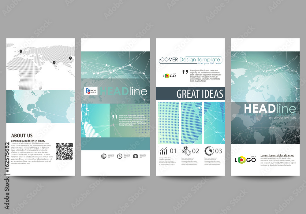 The minimalistic abstract vector illustration of editable layout of four modern vertical banners, flyers design business templates. Chemistry pattern, molecule structure, geometric design background.