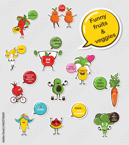 Funny fruit and vegetable face icon vector collection. Cartoon face food emoji. Funny food concept.