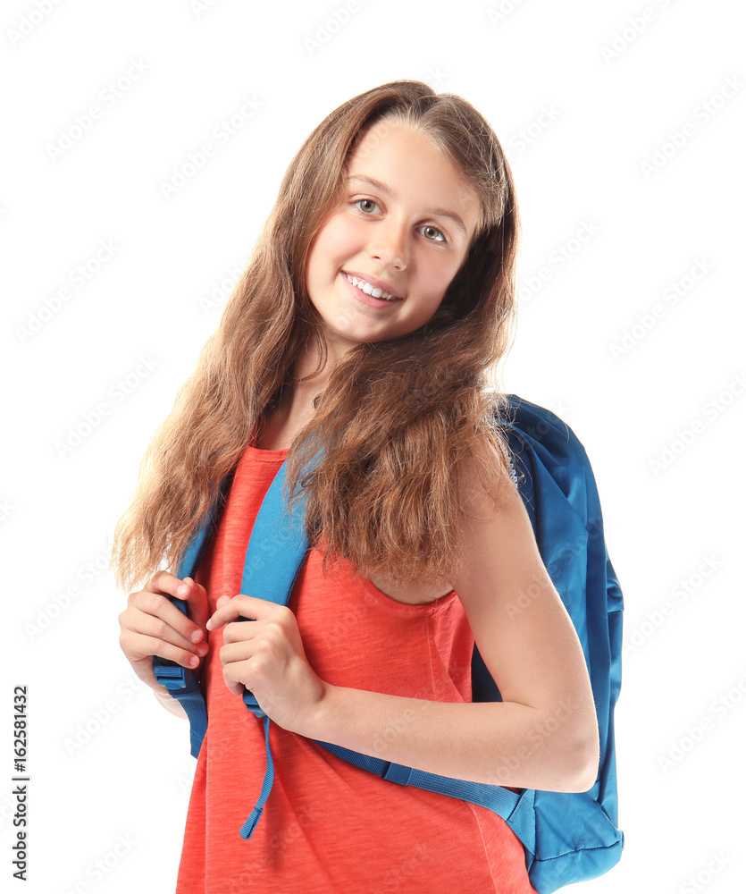 Cute teenager girl with schoolbag on white background Cute teenager girl with schoolbag on white background