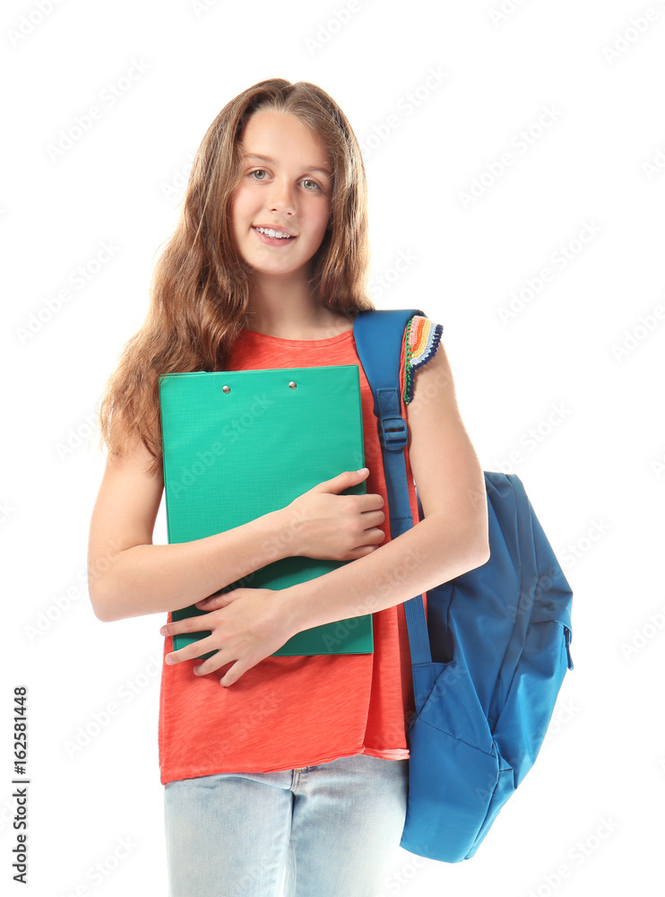 Cute teenager girl with schoolbag and clipboard on white background Cute teenager girl with schoolbag and clipboard on white background