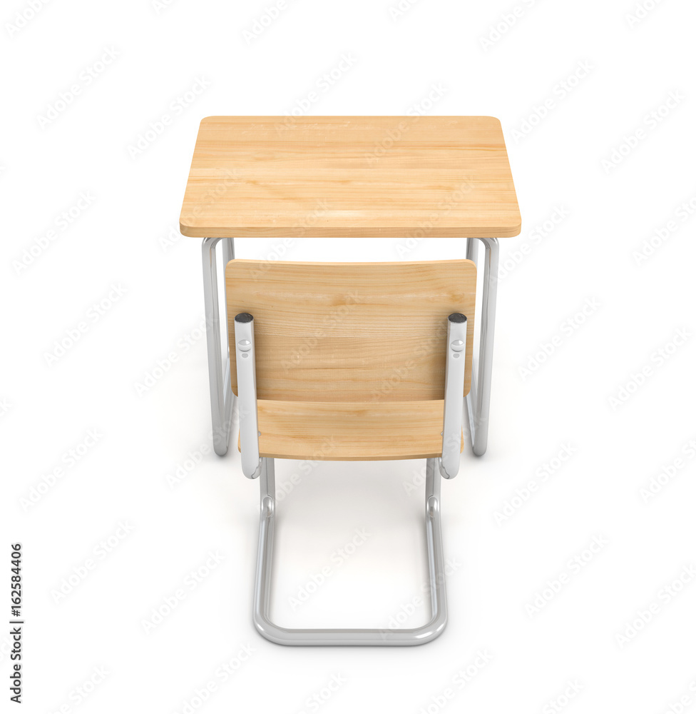 3d rendering of a school desk and chair both are made of iron and light wood isolated on white background. 3d rendering of a school desk and chair both are made of iron and light wood isolated on white background.