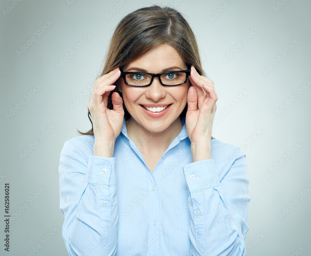 Young smiling modern business woman wearing glasses Young smiling modern business woman wearing glasses