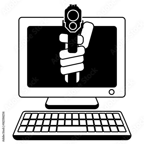 Threat from computer internet hackers web robbery A gun aimed at you The newest ultra-dangerous Petya malware Wannacry virus . Cybercrime and cyber security icon. Vector logo isolated on white