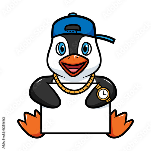 Cartoon Penguin Holding Blank Sign Vector Illustration
