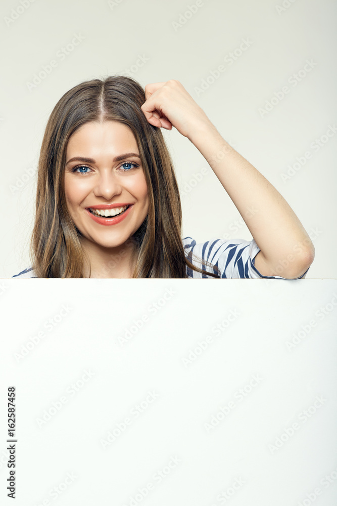 Smiling woman holding white banner. Smiling woman holding white banner.