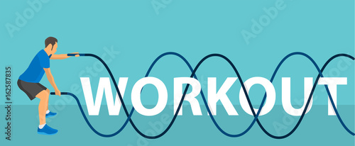 Workout text design with fitness man battle rope exercise, Vector illustration
