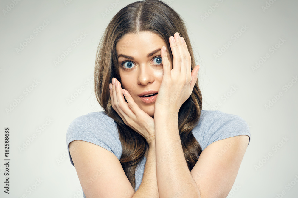 Close up face woman portrait with fear emotion. Close up face woman portrait with fear emotion.