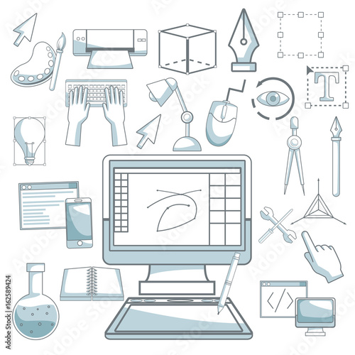 white background with silhouette color sections shading of desk computer device and elements graphic design