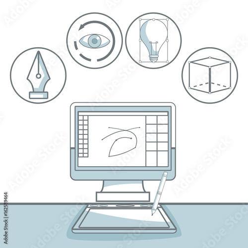 white background with silhouette color sections shading of desk computer with icons graphic design