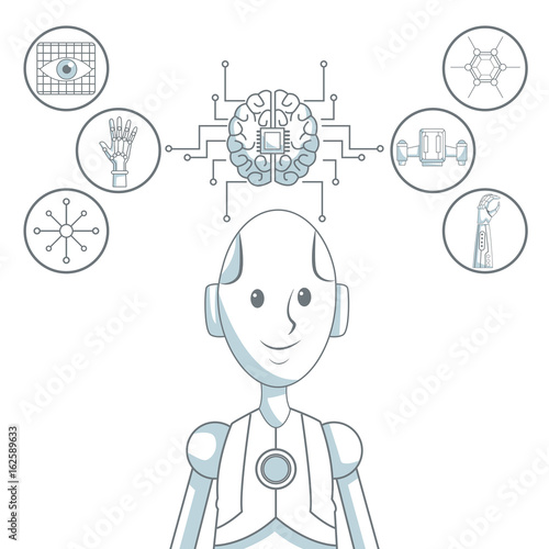 white background with silhouette color sections shading of closeup robot and set icons tech futuristic objects