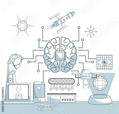 white background with silhouette color sections shading of brain with circuits and set icons tech futuristic objects in inferior part