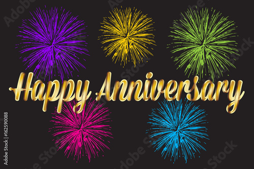 Happy anniversary gold greetings card with fireworks image vector background 