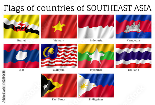 Set of waving flags of members of Asean Economic Community - AEC - Laos, Thailand and Vietnam, Malaysia and Philippines. Signs of Southeast Asia states. Vector isolated icons