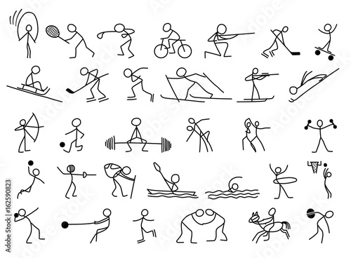 Cartoon icons sport set of sketch little people in cute miniature scenes.