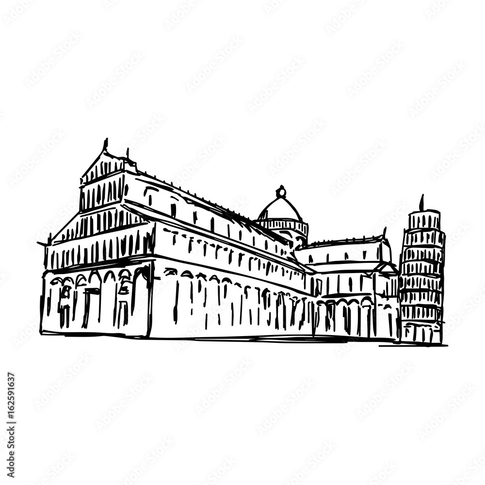 Pisa's Cathedral Square with the Tower of Pisa and the Cathedral - vector illustration sketch hand drawn with black lines, isolated on white background