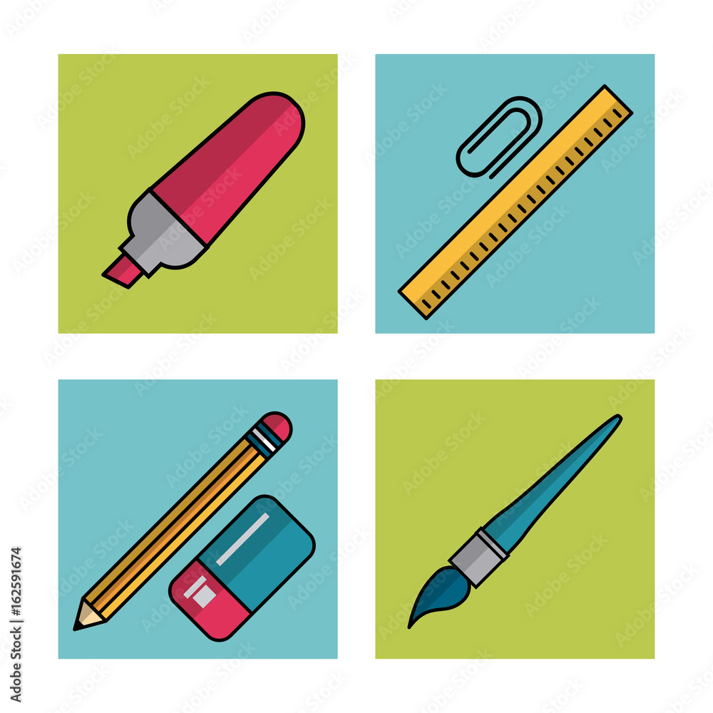 white background with frames of school elements marker and paperclip with ruler and pencil with eraser and brush white background with frames of school elements marker and paperclip with ruler and pencil with eraser and brush