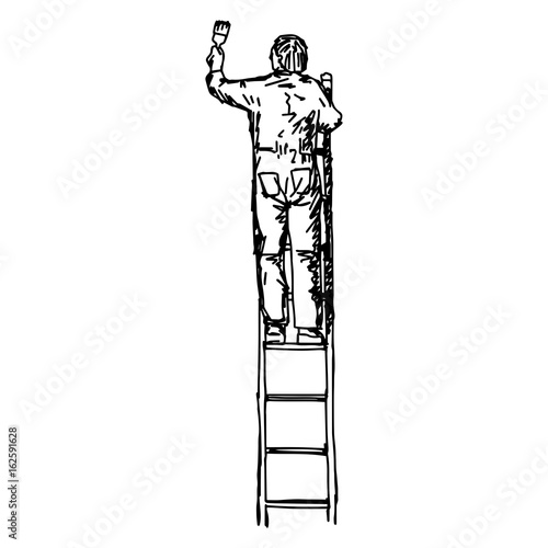 asian male decorator painting with a paint roller climbed up a ladder - vector illustration sketch hand drawn with black lines, isolated on white background