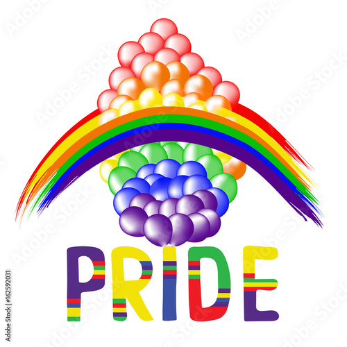 Colored rainbow balls and handwritten text Pride.  Rainbow background LGBT  multicolored flag.  Original symbol for gay parade. Vector design