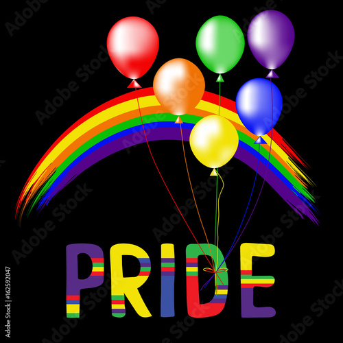 Colored rainbow balls and handwritten text Pride.  Rainbow background LGBT  multicolored flag.  Original symbol for gay parade. Vector design
