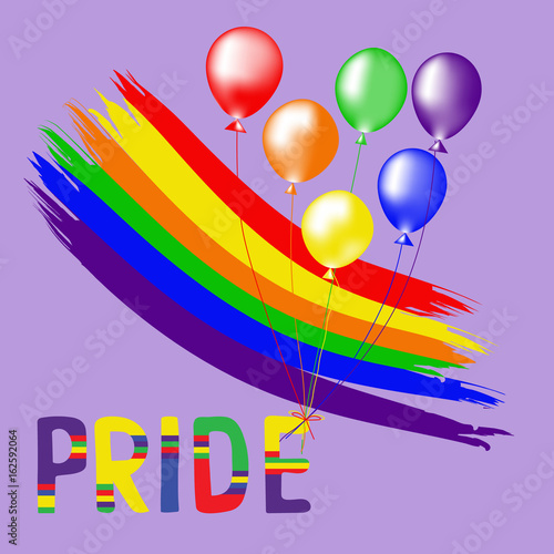 Colored rainbow balls and handwritten text Pride.  Rainbow background LGBT  multicolored flag.  Original symbol for gay parade. Vector design