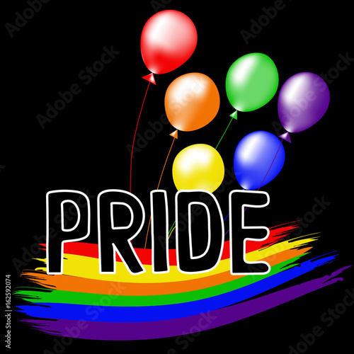 Colored rainbow balls and handwritten text Pride.  Rainbow background LGBT  multicolored flag.  Original symbol for gay parade. Vector design