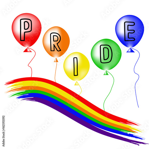 Colored rainbow balls and handwritten text Pride.  Rainbow background LGBT  multicolored flag.  Original symbol for gay parade. Vector design