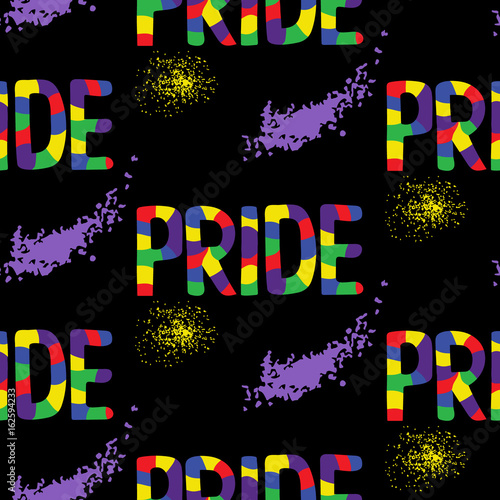 Colored rainbow letters of the handwritten text Pride. Seamless pattern on the theme of LGBT parade, vector design