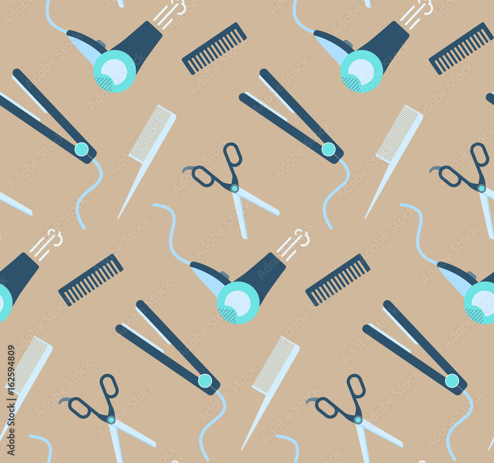 Obraz premium Nice hairdressing tools seamless pattern. Seamless hair style and barbershop salon texture with scissors, combs, straightening iron, hair dryer symbols