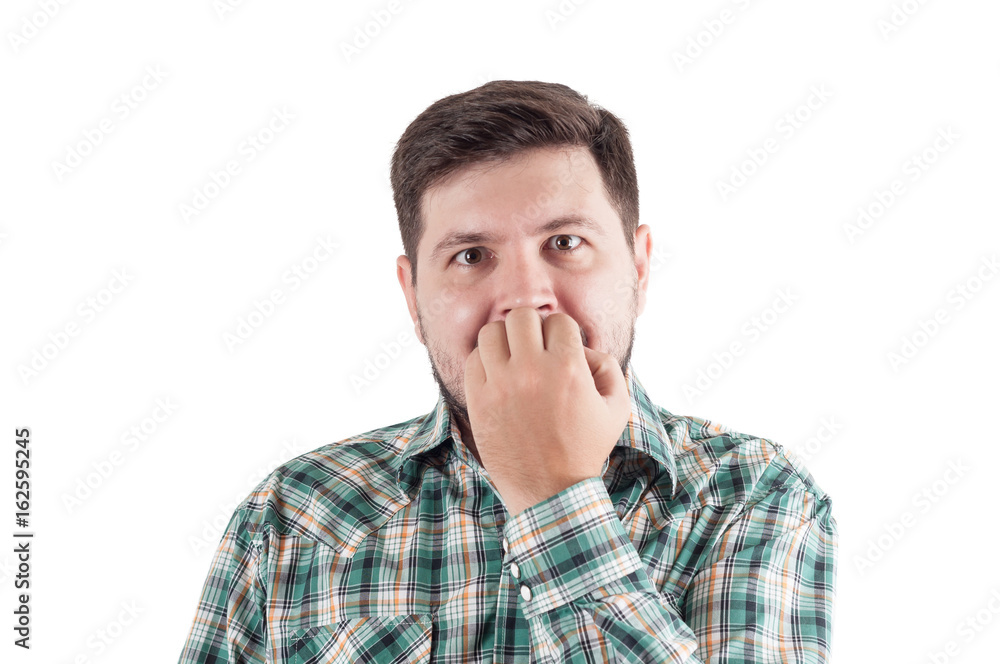 30 years old office manager man feel Shock and eat his nail. 30 years old office manager man feel Shock and eat his nail.