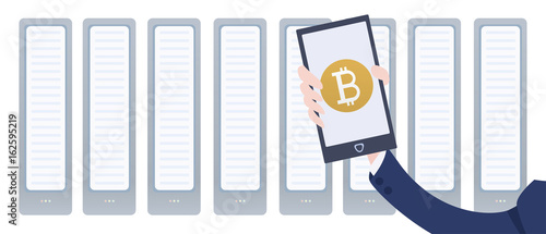 Cryptocurrency mining farm and smartphone in hand. Mobile bitcoin wallet app. Vector illustration in flat style in white background.