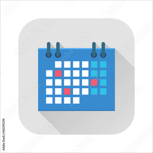 Calendar flat icon. Office ring calendar planner icon, project management and schedules tool. Vector flat style cartoon illustration with long shadow on gray background. Business concept